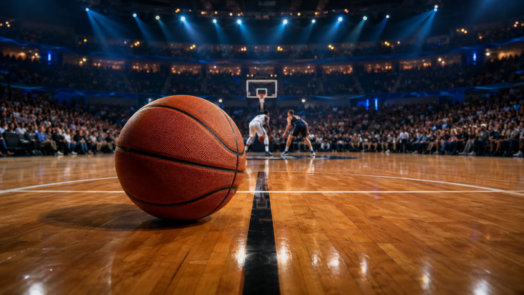Bola de basquete em quadra de uma arena profissional lotada